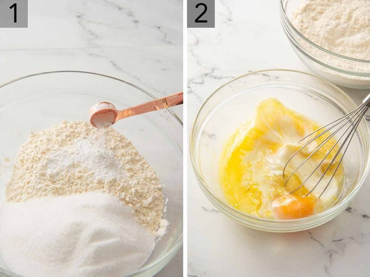 Set of two photos showing dry ingredients added into a bowl and wet ingredients mixed in another.