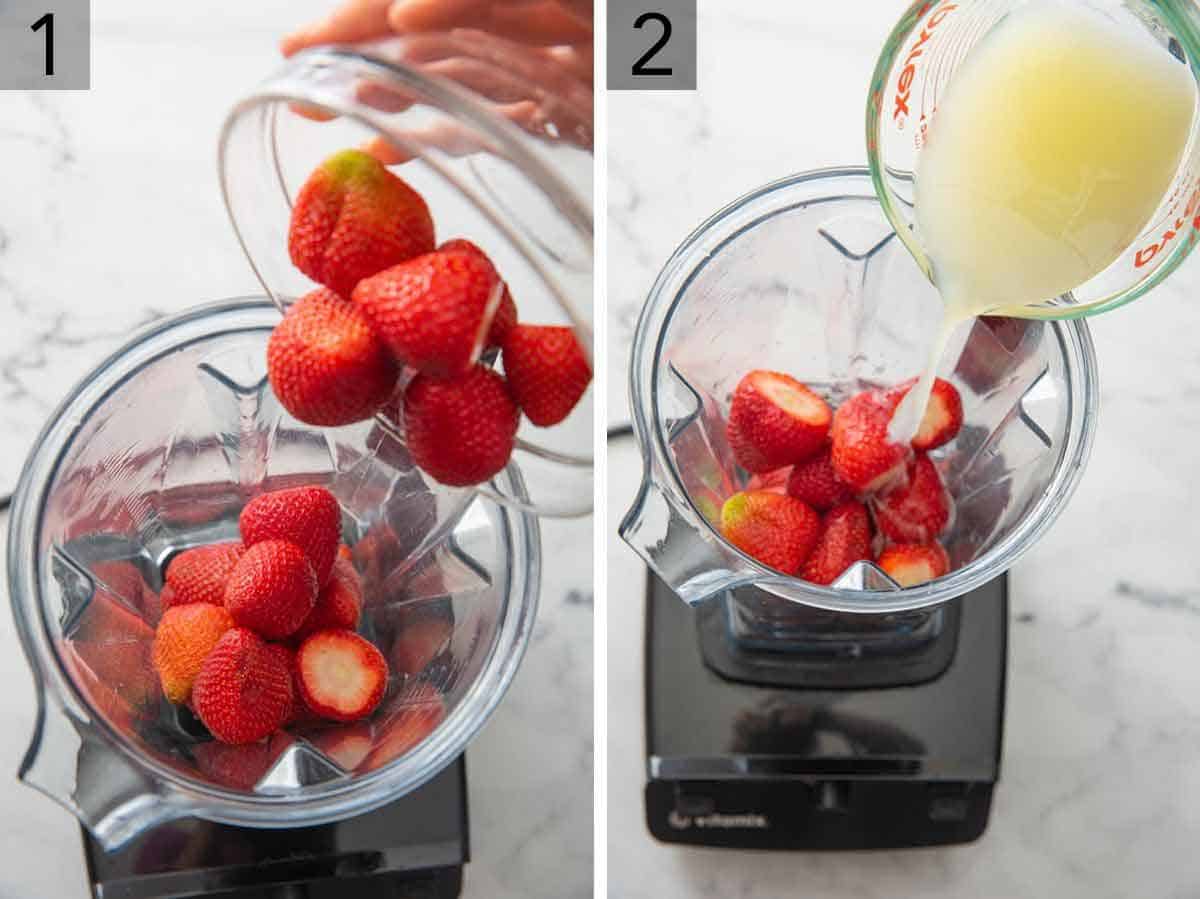 Set of two photos showing strawberries being added to the blender and then orange liqueur added to the blender.