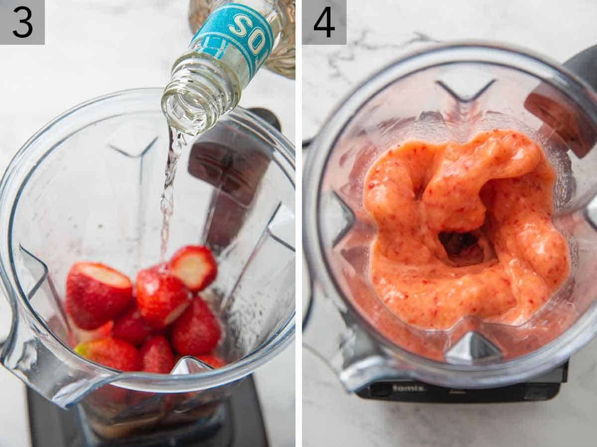 Set of two photos showing tequila being added to a blender and the strawberry margarita being blended.