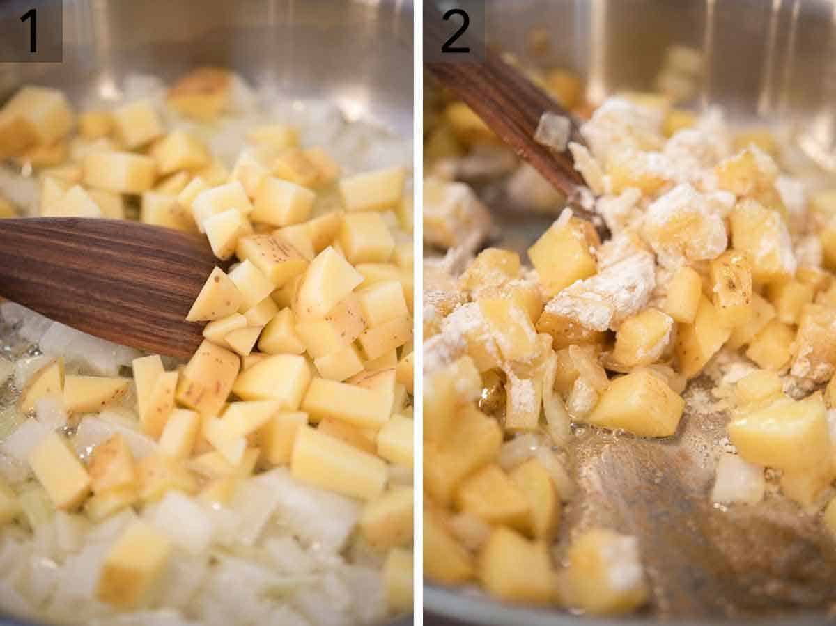 Set of two photos showing onion and potatoes cooked in a pan and then flour added to it.