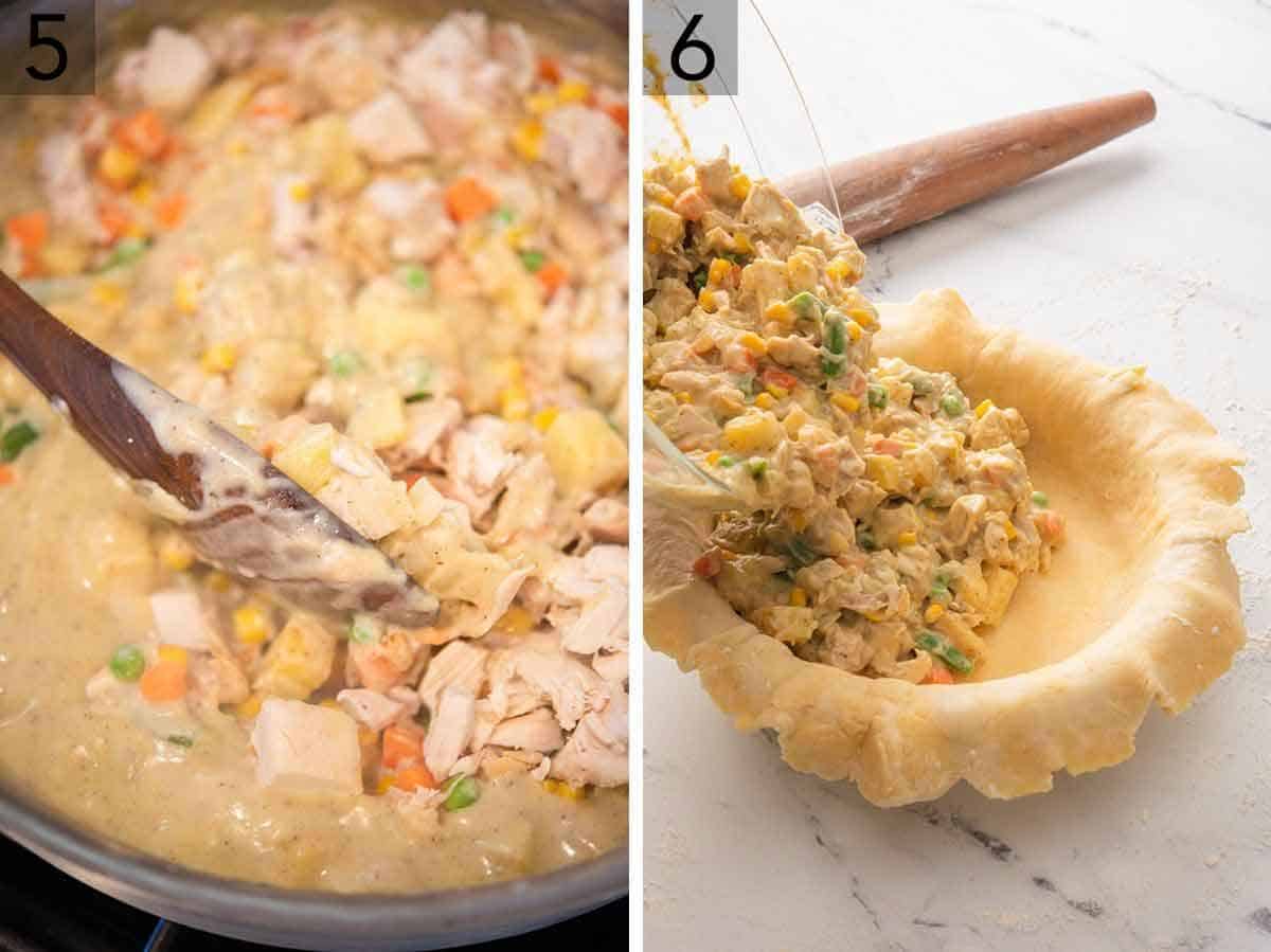 Set of two photos showing mixture being transferred to a bowl before pouring the filling into a pie dish lined with a pie crust.