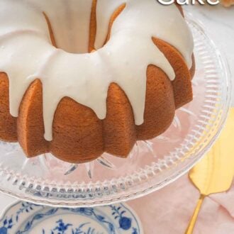 Pinterest graphic of of a glazed vanilla Bundt cake on a cake stand with a plate in front and a gold colored cake server.