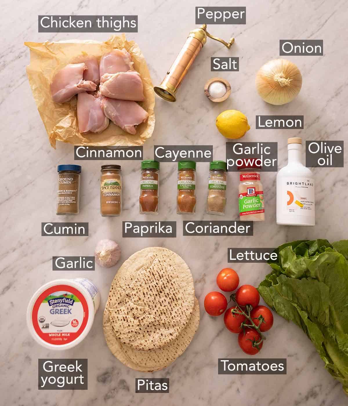 Ingredients needed to make chicken shawarma.