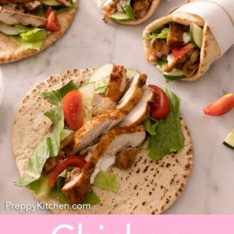 Pinterest graphic of two wrapped chicken shawarma and two opened ones.