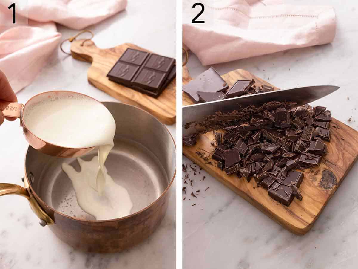 Set of two photos showing heavy cream added to a saucepan and chocolate chopped up.
