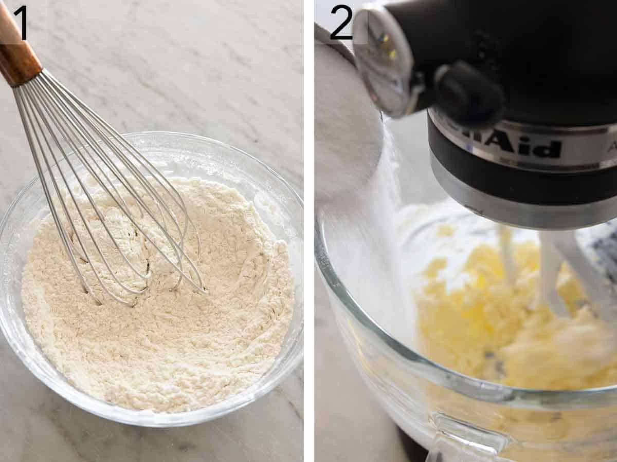 Set of two photos showing dry ingredients being whisked together and sugar added to beaten butter.