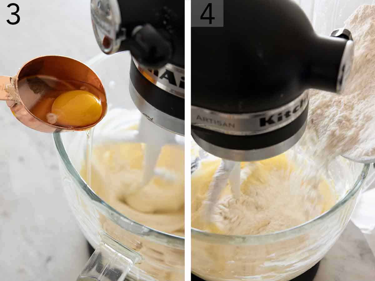 Set of two photos showing egg added to a mixer and then the dry ingredients.