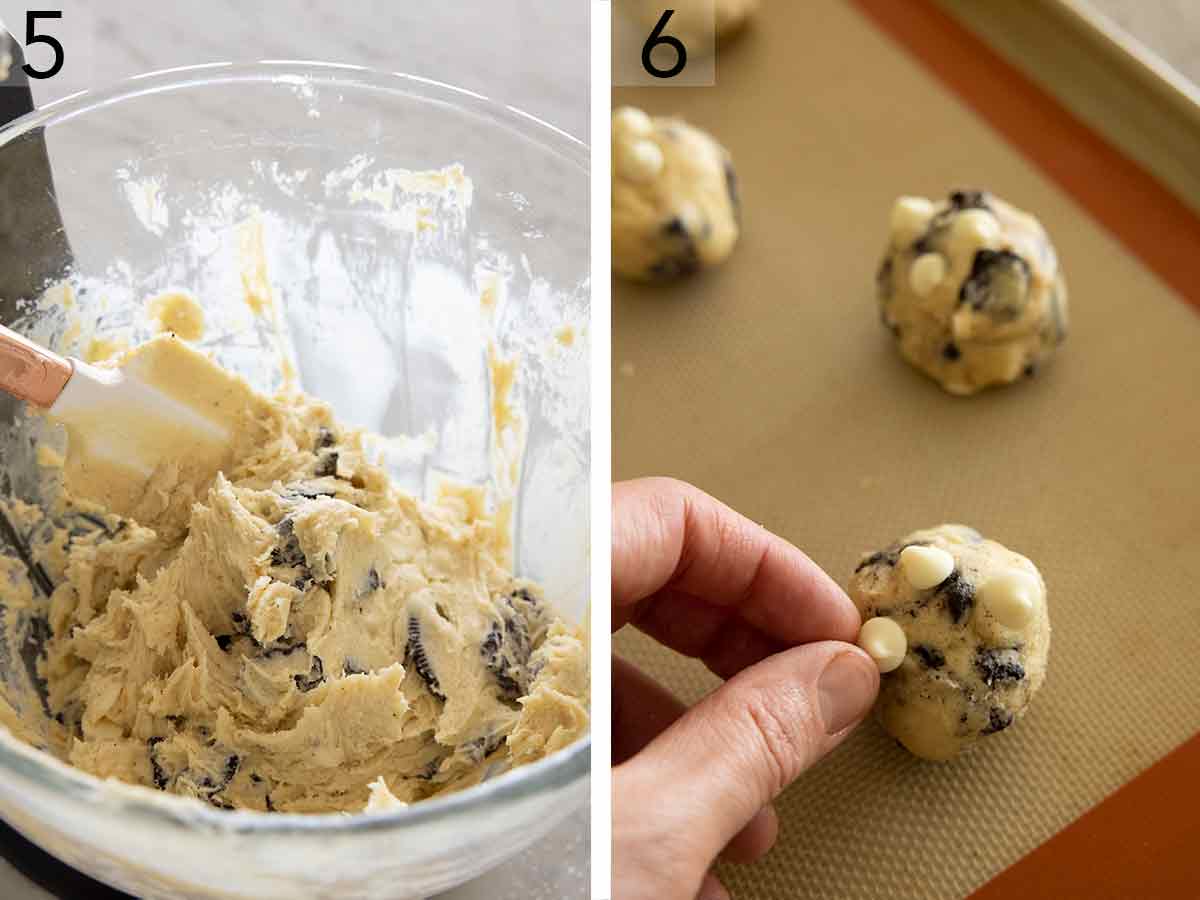 Set of two photos showing cookie batter being stirred and portioned out onto a silicone baking sheet.