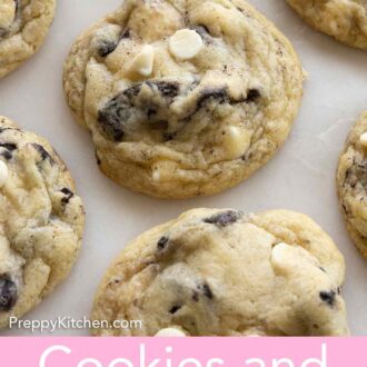 Pinterest graphic of multiple cookies and cream cookies with one in the middle.