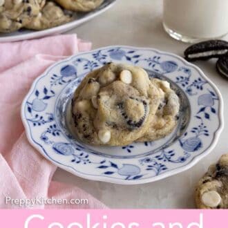 Pinterest graphic of a plate of cookies and cream cookies with a platter of them in the background.
