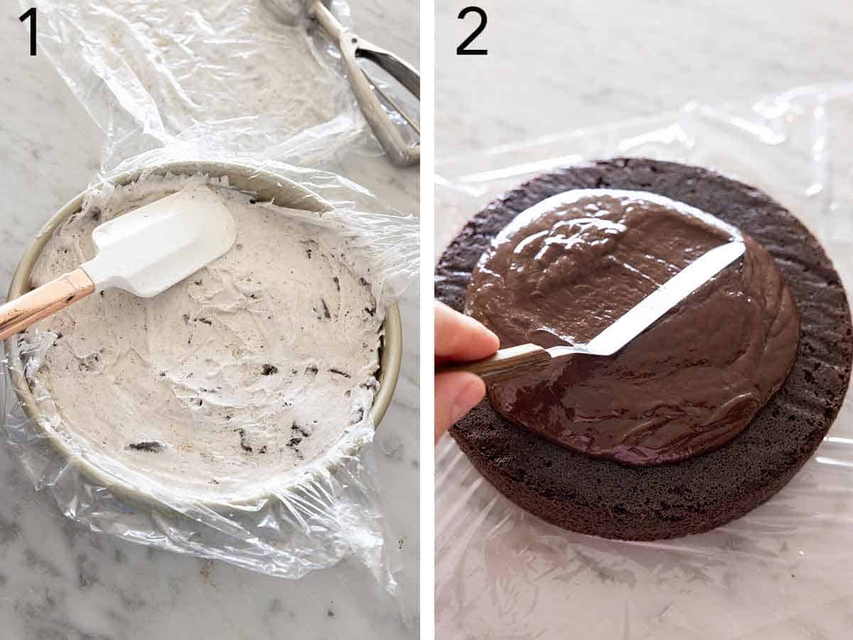 Set of two photos showing ice cream pressed into a lined cake pan and fudge sauce spread onto a chocolate cake.