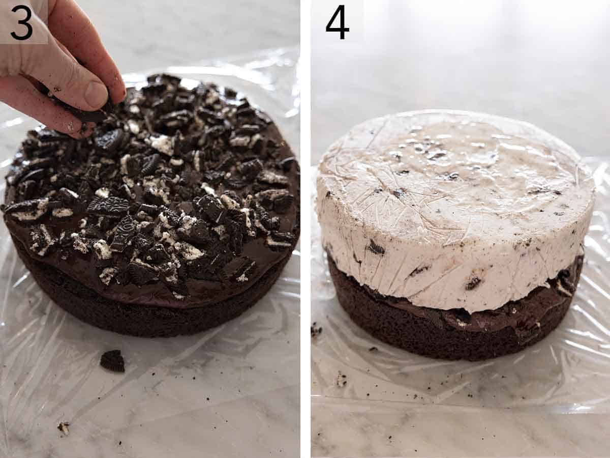 Set of two photos showing Oreo crumbs added to the fudge on the cake and then the ice cream layer placed on top.