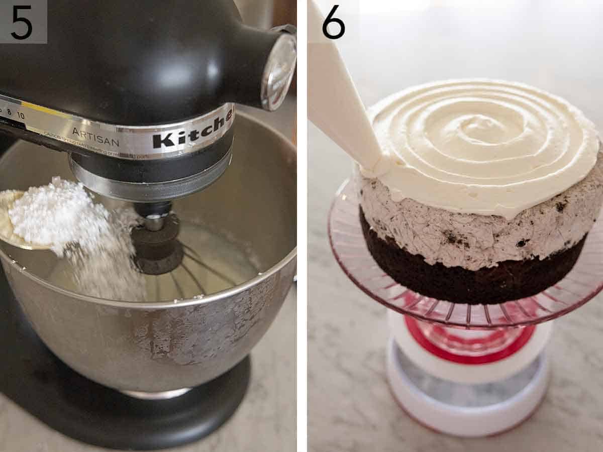 Set of two photos showing whipped cream being whipped in a mixer and then pipped onto the ice cream cake.
