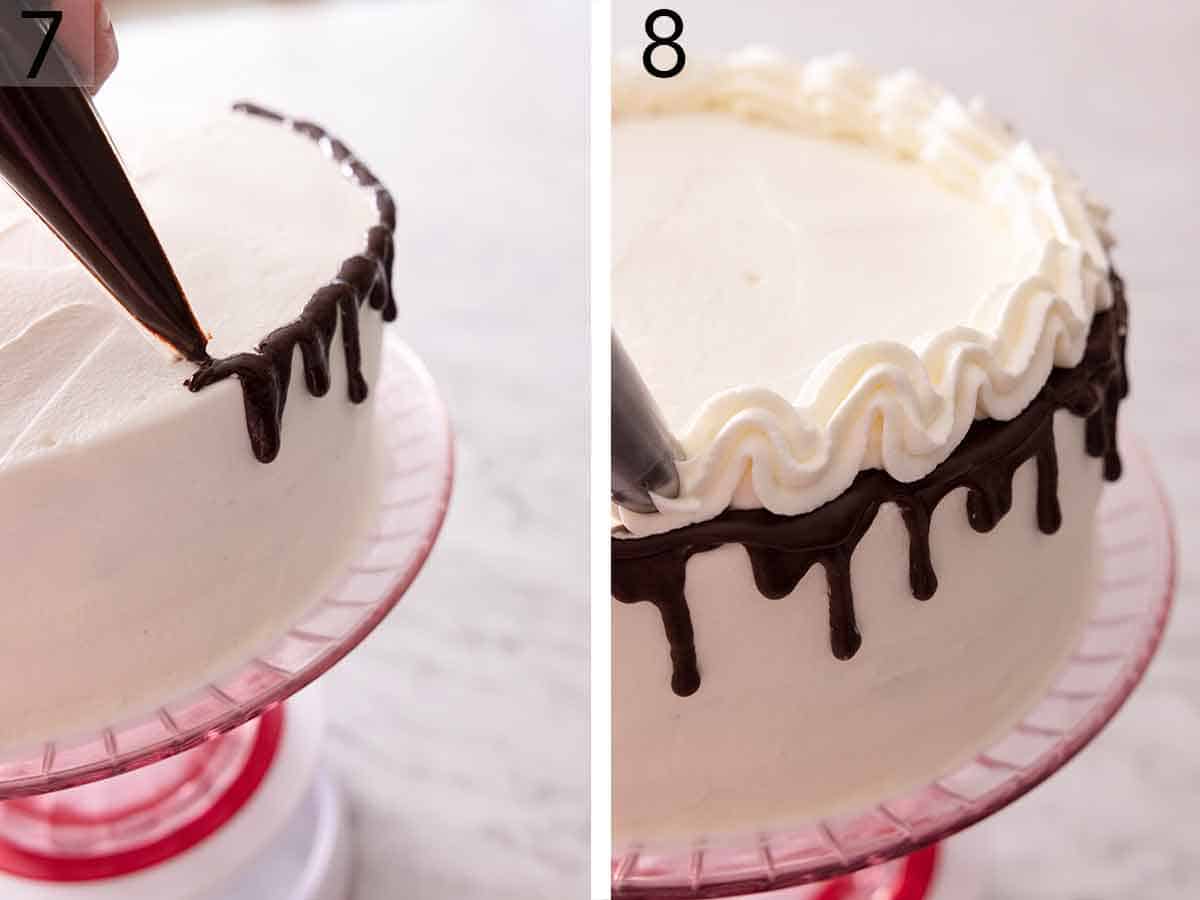Set of two photos showing hot fudge being drizzled onto the edge of the cake and then topped with whipped cream.