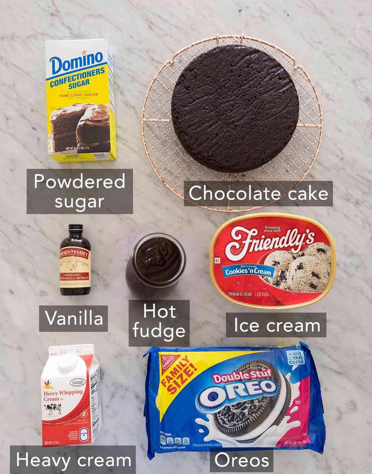 Ingredients needed to make an ice cream cake.