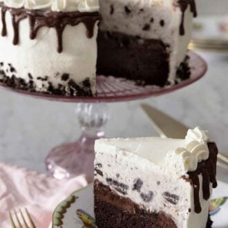 Pinterest graphic of an ice cream cake on a cake stand with a slice cut out onto a plate in front.