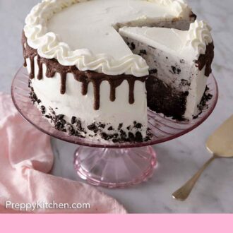 Pinterest graphic of an ice cream cake with two slices cut with one slice still on the cake stand.