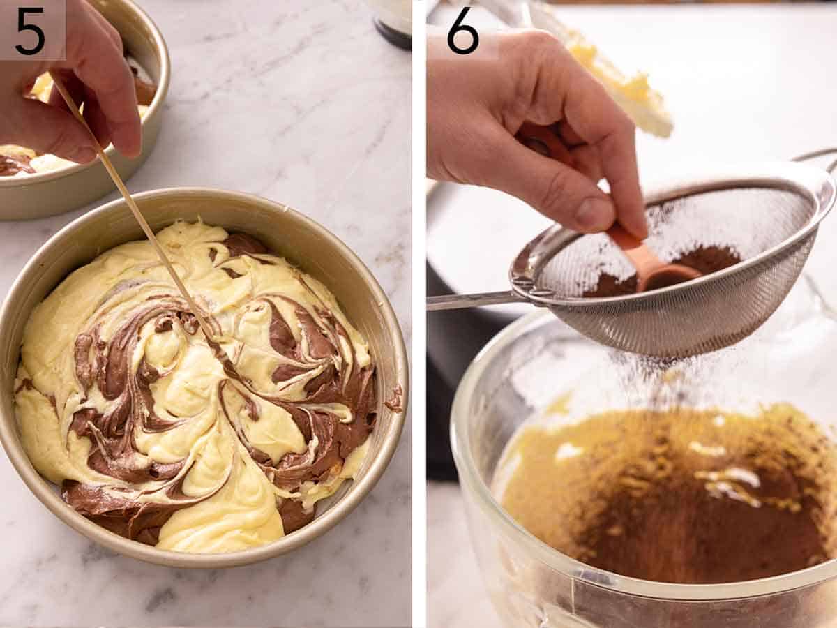 Set of two photos with one image of a cake pan with batter being marbled with a skewer. Second image showing cocoa powder being sifted into creamed butter.