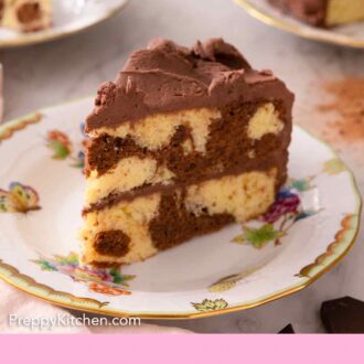 Pinterest graphic of a plate of marble cake with two layers with chocolate frosting between and outside of the cake.
