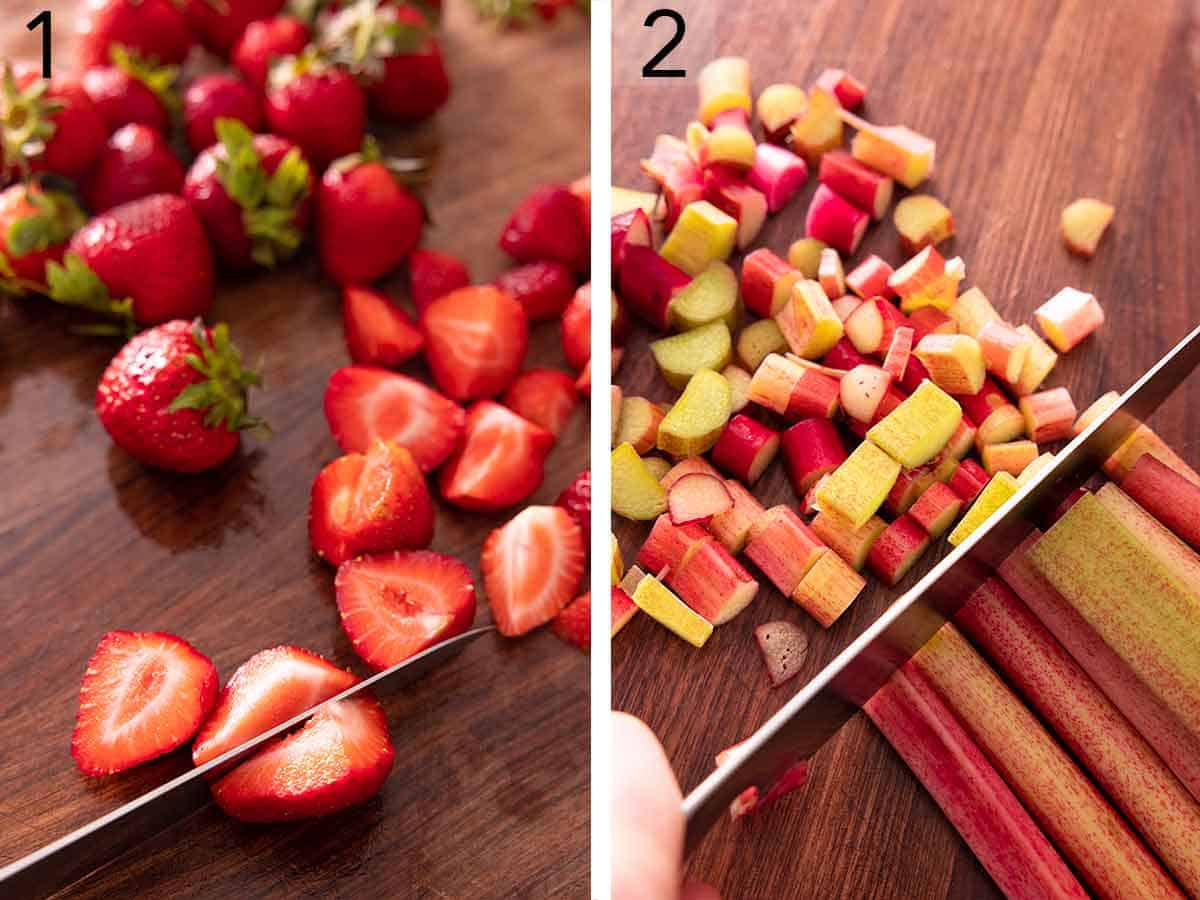 Set of two photos showing strawberries and rhubarb being diced.