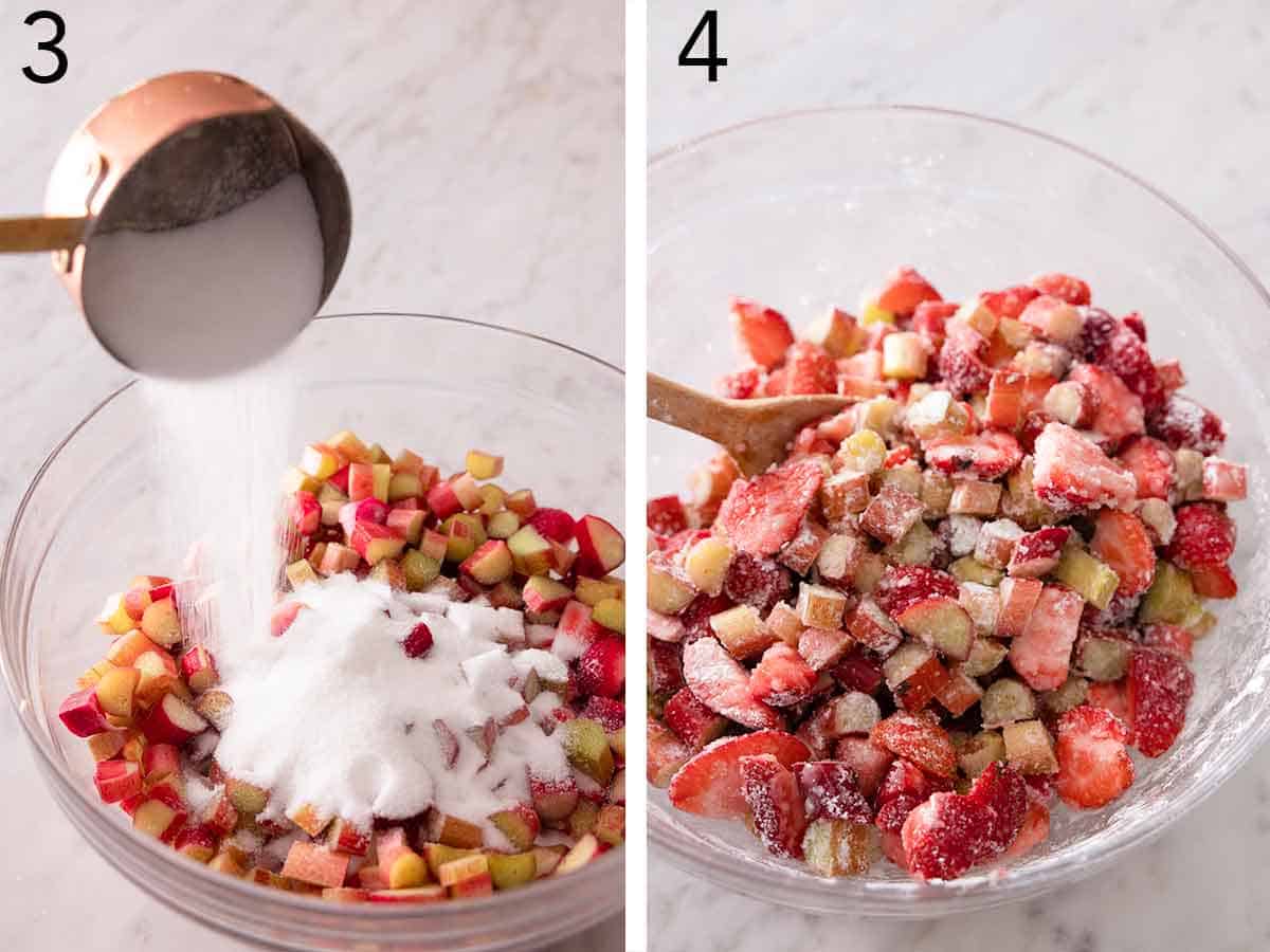 Set of two photos showing sugar added to the strawberry and rhubarb, then mixed to combine to make the pie filling.