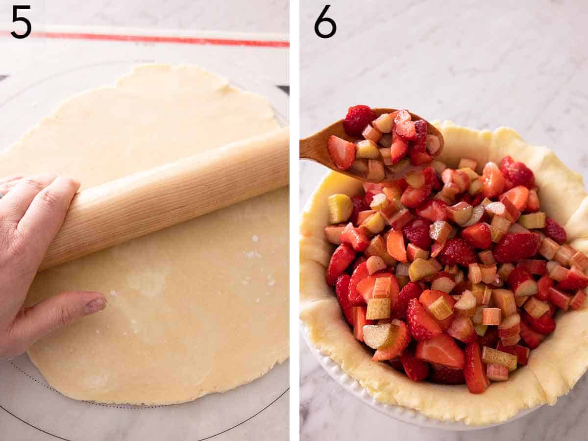 Set of two photos showing pie crust being rolled out and then the filling added to the crust.