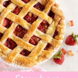 Pinterest graphic of an overhead view of a strawberry rhubarb pie with a grid lattice on top.