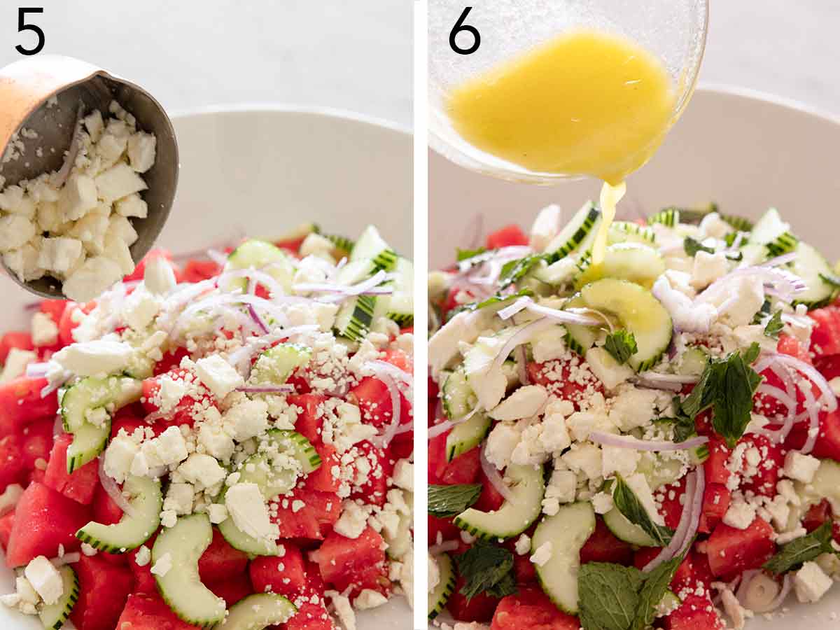 Set of two photos showing crumbled feta added to a bowl of salad then dressing poured in.