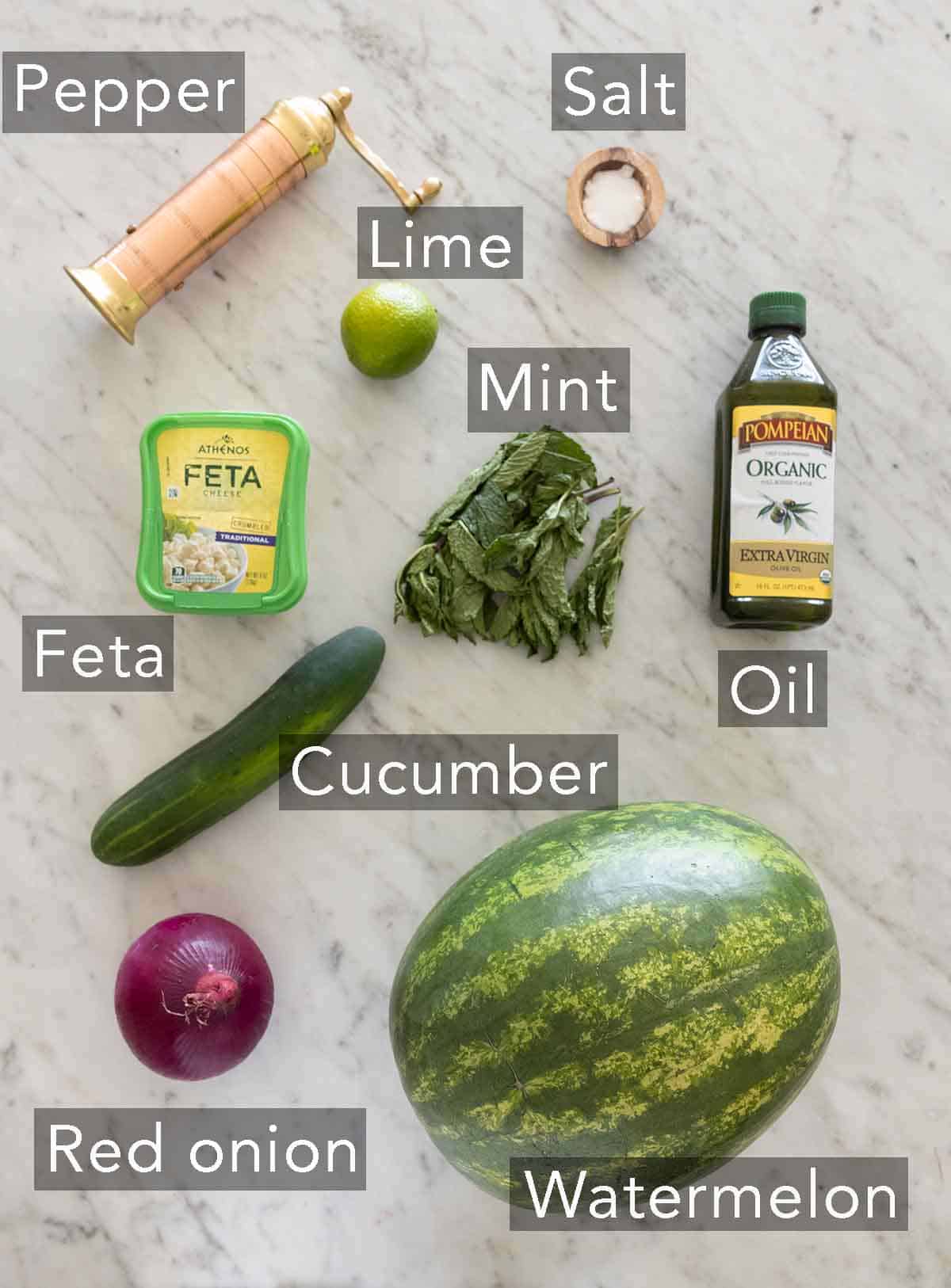 Ingredients needed to make watermelon salad.