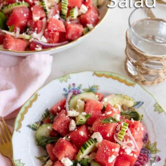 Pinterest graphic of a plate of watermelon salad with a glass of water and a platter of the salad beside it.