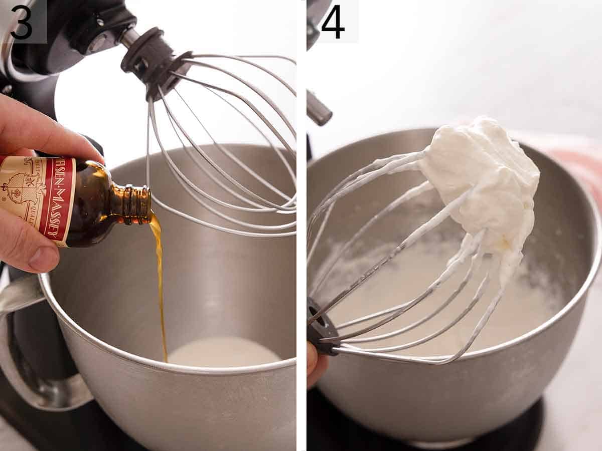 Set of two photos showing vanilla extract added to a mixing bowl then whipped cream on a whisk.