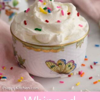 Pinterest graphic of a small cup of whipped cream with sprinkles.