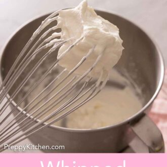 Pinterest graphic of a whisk holding up whipped cream from a mixing bowl.