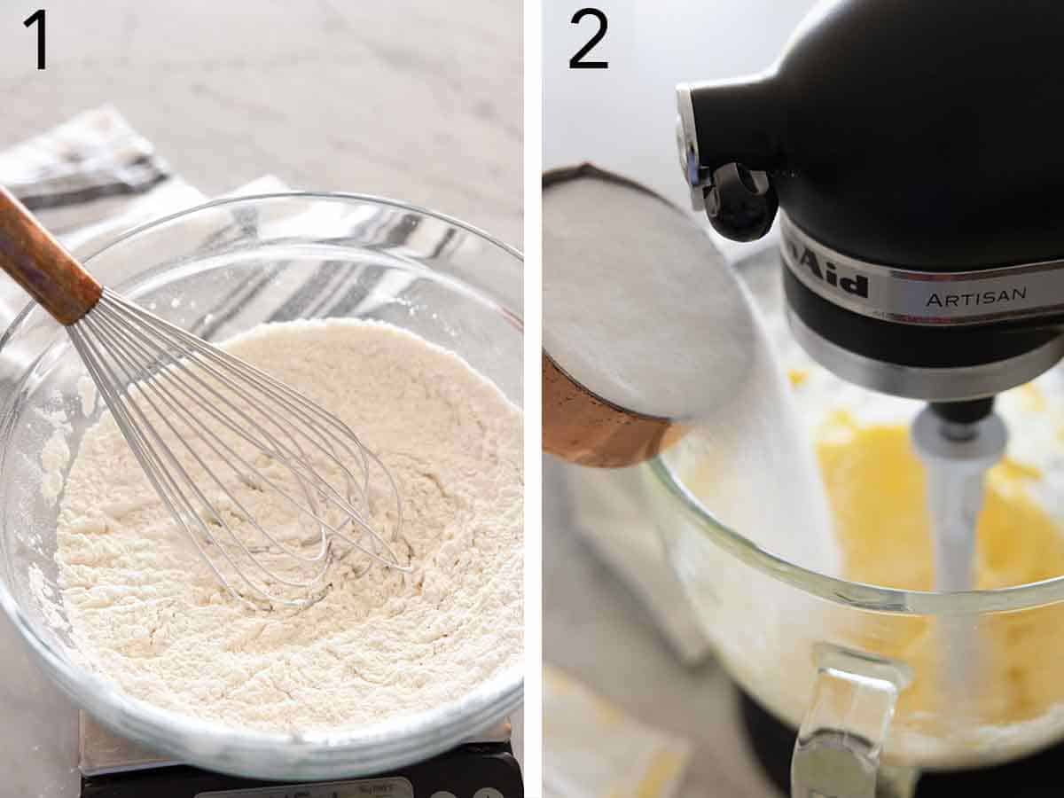 Set of two photos showing dry ingredients being mixed together then sugar being added to beaten butter.