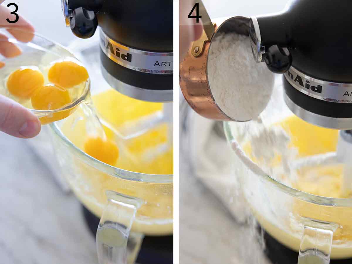 Set of two photos showing eggs being added to a mixer and then flour.