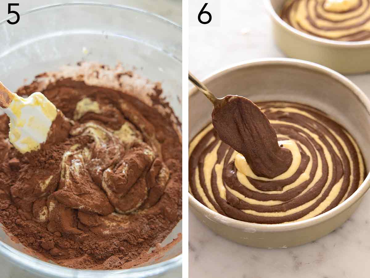 Set of two photos showing chocolate batter being made then batter being added to a cake pan to make zebra-like stripes.