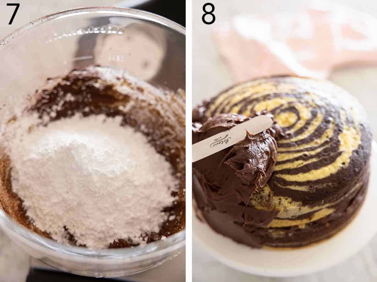 Set of two photos showing frosting being made in a bowl and then spread onto a cake.