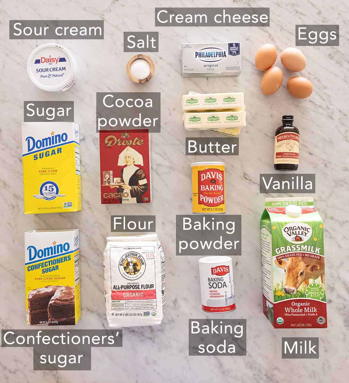 Ingredients needed to make a zebra cake.