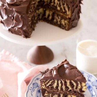 Pinterest graphic of a slice of zebra cake in front of a cake stand with the rest of the cake.