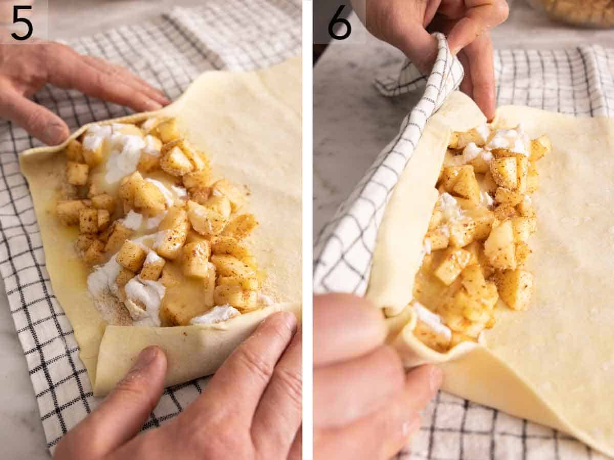 Set of two photos showing how to tuck the sides of the puff pastry then rolled, using a linen napkin.