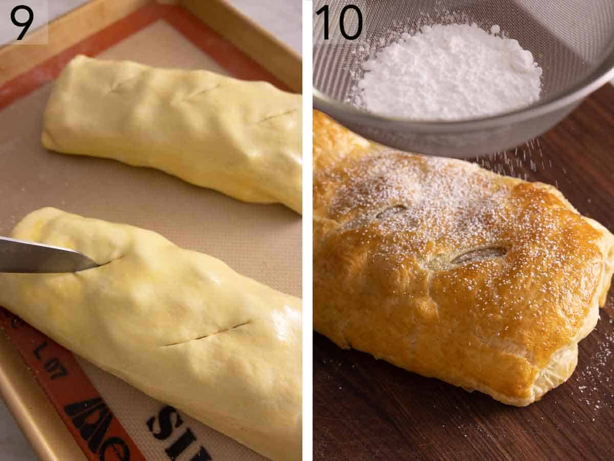 Set of two photos showing cuts made to the two pastry rolls and then dusted with powdered sugar after being baked.