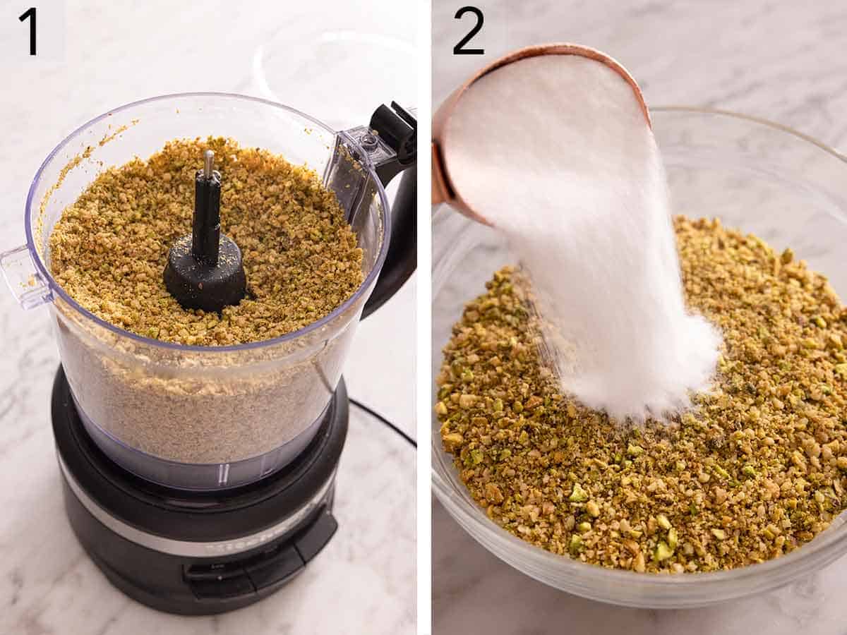 Set of two photos showing nuts chopped in a food processor and then sugar added to the nuts.
