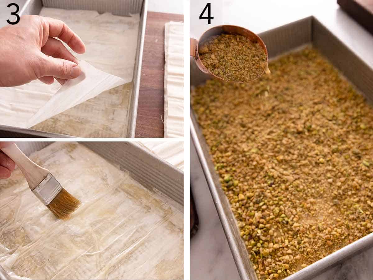 Set of two photos showing phyllo sheets being layered and brushed with butter before the nuts are poured on top.