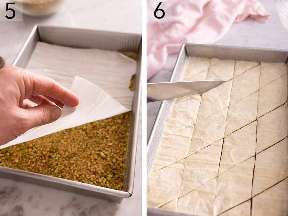 Set of two photos showing a phyllo sheet placed over top of a layer of chopped nuts and then the baklava cut into diamond shapes in the pan before baking.