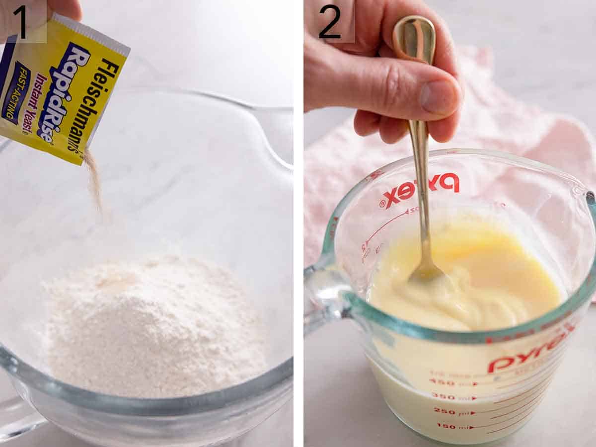 Set of two photos showing yeast added to flour, sugar, and salt and a measuring cup with eggs and milk mixed together.