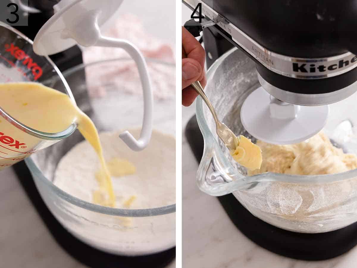 Set of two photos showing milk and egg mixture added to the mixer and then butter, a spoonful at a time.