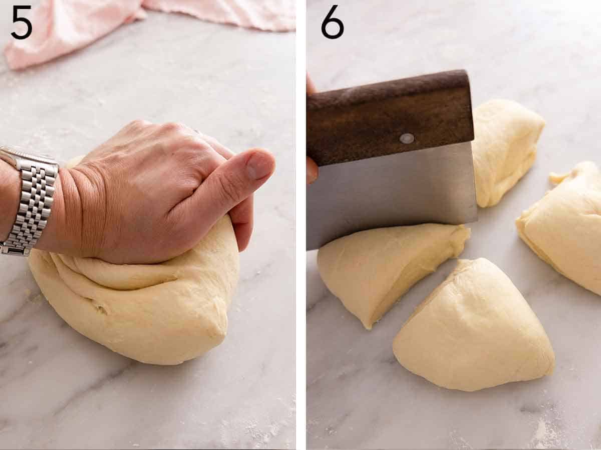 Set of two photos showing dough being kneaded and then cut into small pieces.