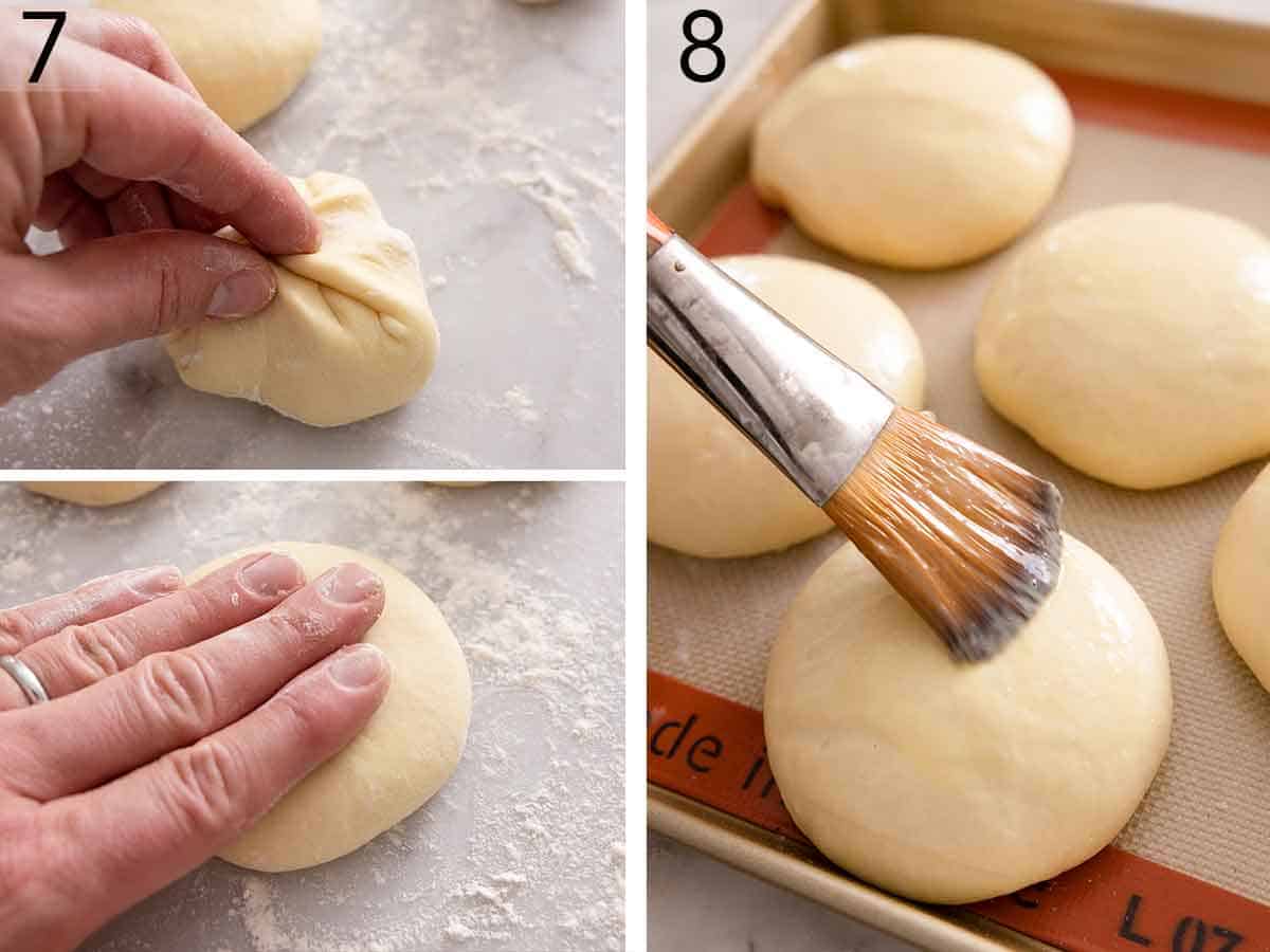 Set of three photos showing a dough piece being pinched and rolled into a ball then brushed with an egg wash.
