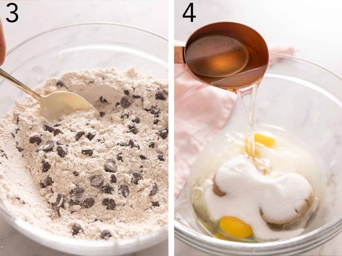 Set of two showing the chips combined with a spoon. Second photo is of a bowl of sugars, oil, eggs, and vanilla.