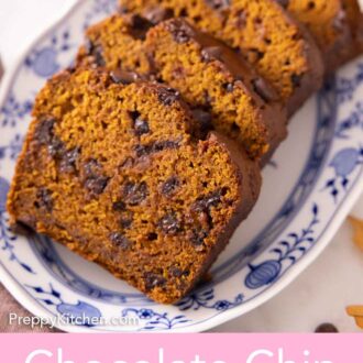 Pinterest graphic of four slices of chocolate chip pumpkin bread on a plate.